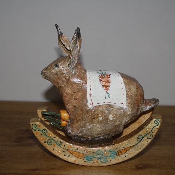 FOLK ART STYLE, HAND MADE & PAINTED PAPER MACHE RABBIT ON WOODEN ROCKERS 