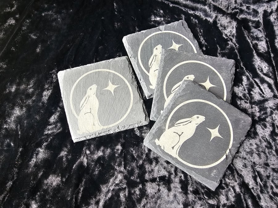 Moongazing Hare Set of 4 Black Slate Coasters - Laser Design - Pagan Mystical