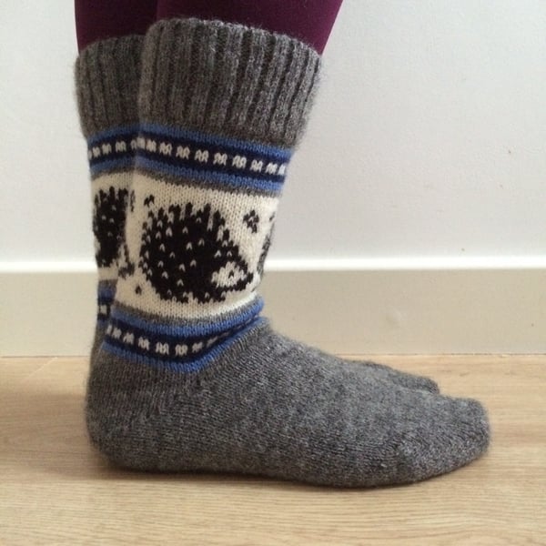 READY TO SHIP Wool Socks Hedgehog Winter Christmas Grey White Black Blue