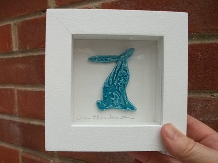 Turquoise ceramic hare picture - rustic white frame