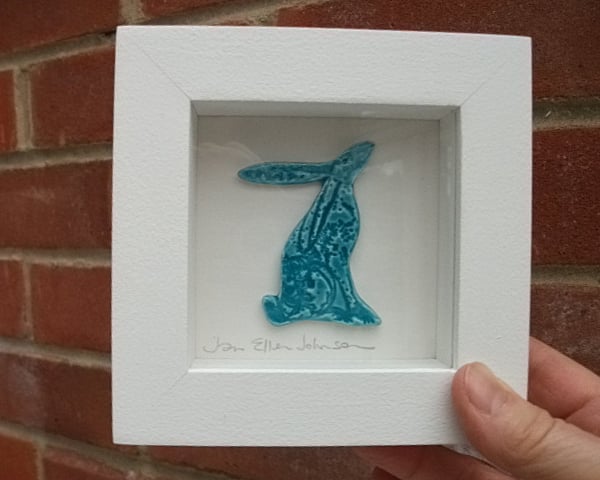 Turquoise ceramic hare picture - rustic white frame