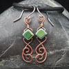 Hammered Copper Wire Earrings with Green Iridescent Tile Beads