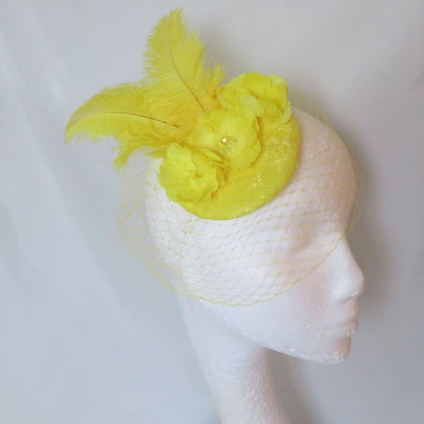 Bright Yellow Flower Blossom & Feather Retro Style Cocktail Hat Fascinator