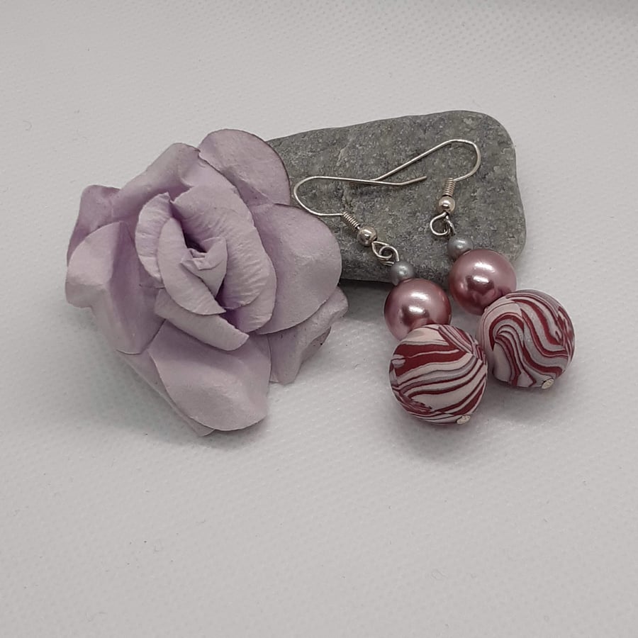 Raspberry and grey polymer clay earrings