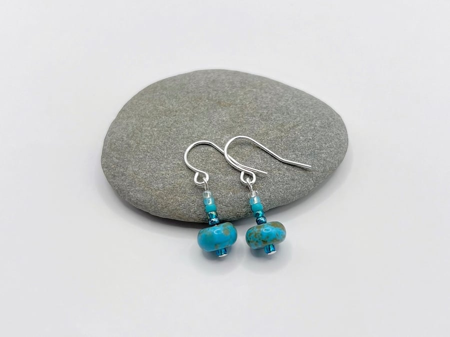 Turquoise Bead Drop Earrings with Turquoise Mix Seed Beads