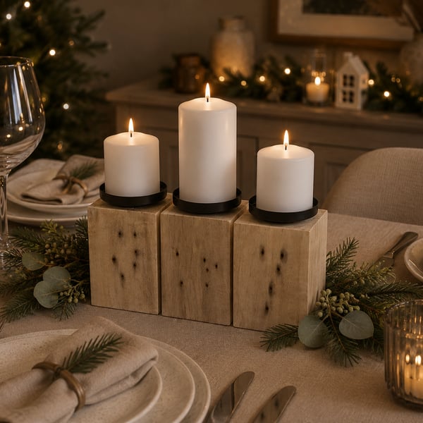 Pillar Candle Stand Set Upcycled Pallet Wood Blocks with Black Cups