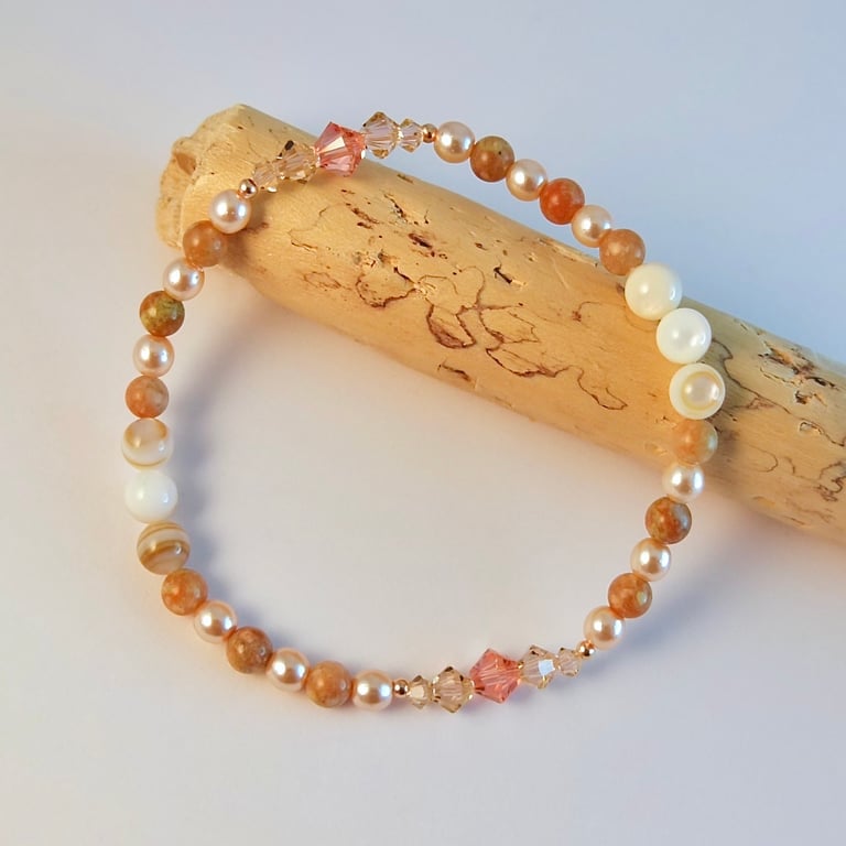 Glass Pearl, Agate, Crystal & Shell Bracelet, Bridesmaid, Birthday Gifts For Her