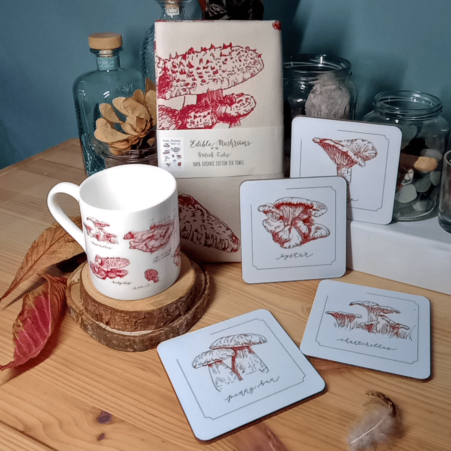 Edible Mushrooms Tea towel, Set of Coasters & China Mug - Eco Gift Set