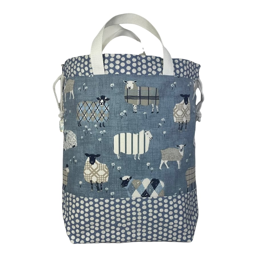 Extra Large drawstring knitting and project bag with blue sheep print,