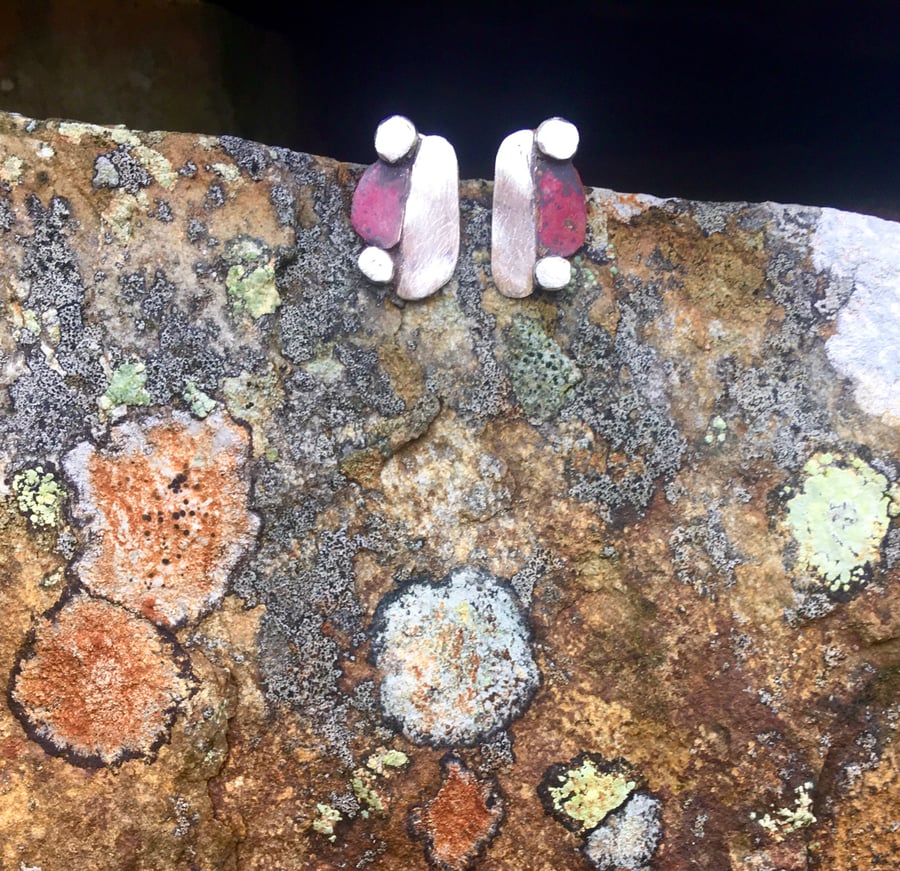 Small Silver and Copper Lichen Inspired Stud Earrings