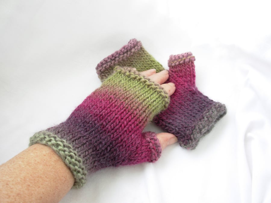 Adults Fingerless Mitts Hand Knitted Stripey