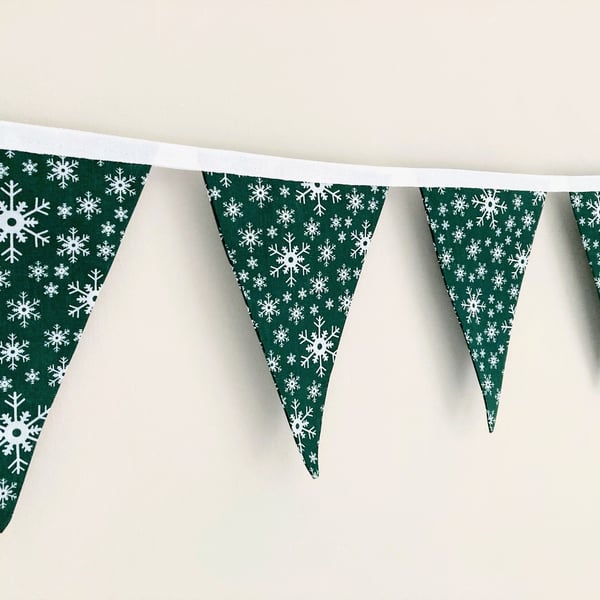 Green with White snowflakes fabric bunting. Double sided.