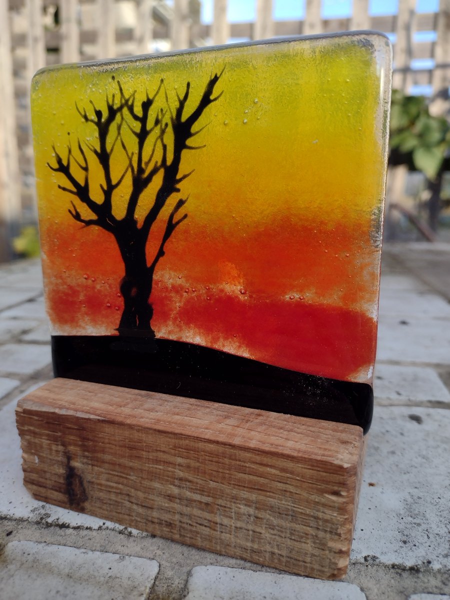 Fused glass tealight candle holder sunset scene tree silhouette