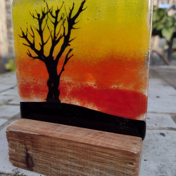 Fused glass tealight candle holder sunset scene tree silhouette