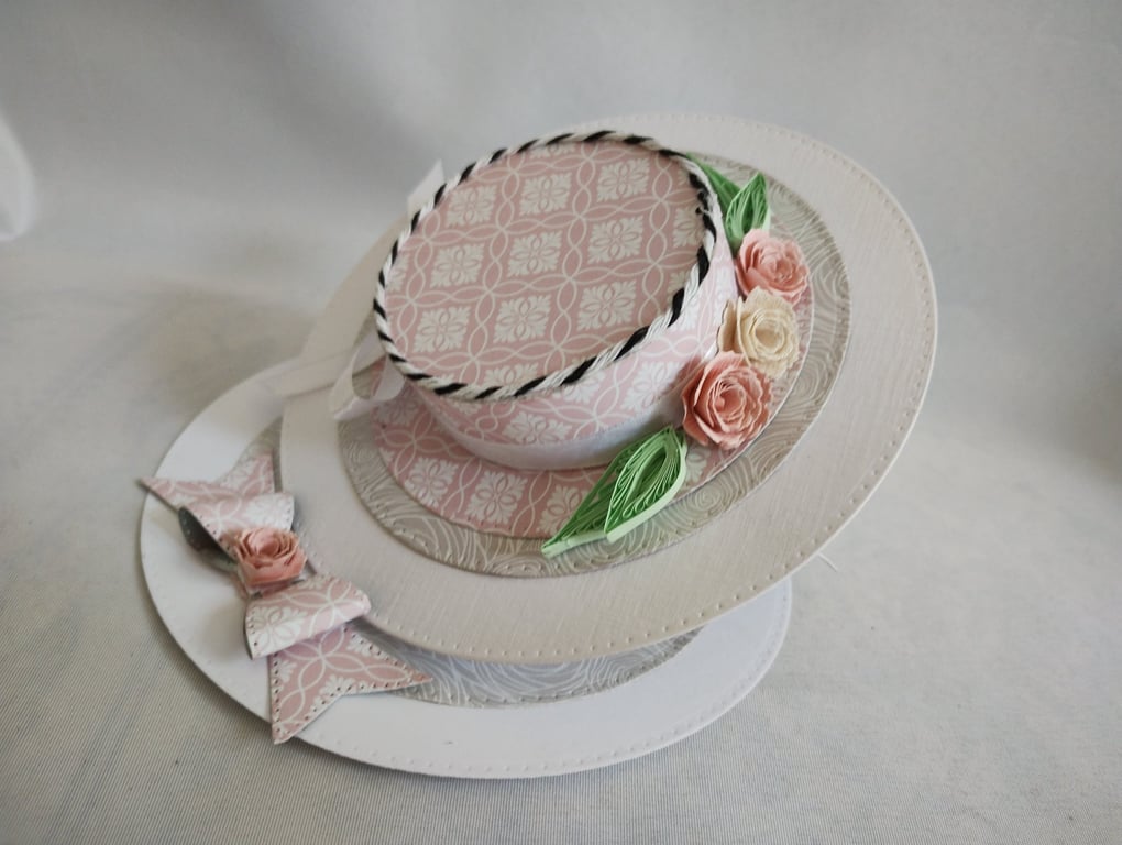 Beautiful Floral Hat Easel Card and Box - Pink Roses and Quilled Leaves 