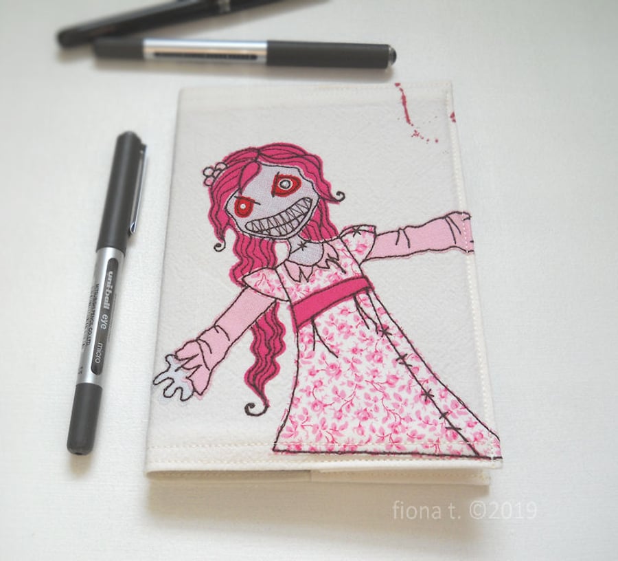 A6 freehand embroidered zombie fabric notebook pink
