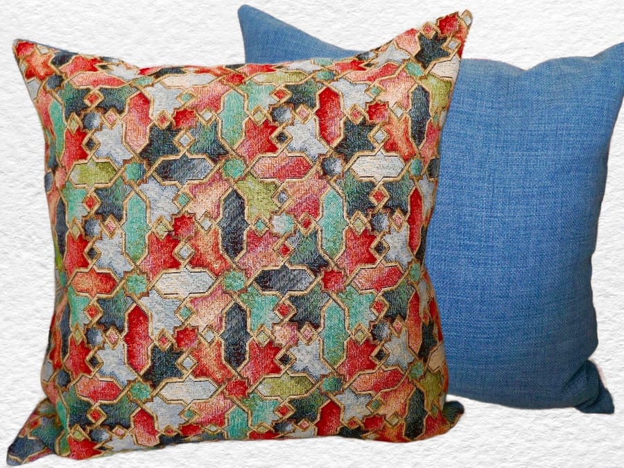 CLEARANCE Cushion with Pad: Tapestry Abstract design Denim Blue reverse 17"