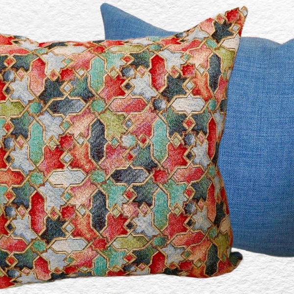 Cushion Cover: Tapestry Abstract design Denim Blue reverse 17”(43cm)