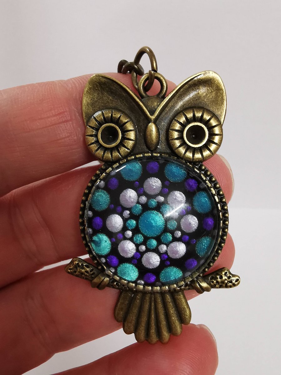 Dot Painted Owl Key Ring Purple and Turquoise