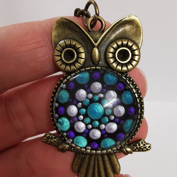 Dot Painted Owl Key Ring Purple and Turquoise