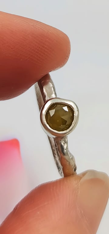 Hand Forged Molten Sterling Silver Ring, 5mm Rose Cut Brown Diamond - Size I