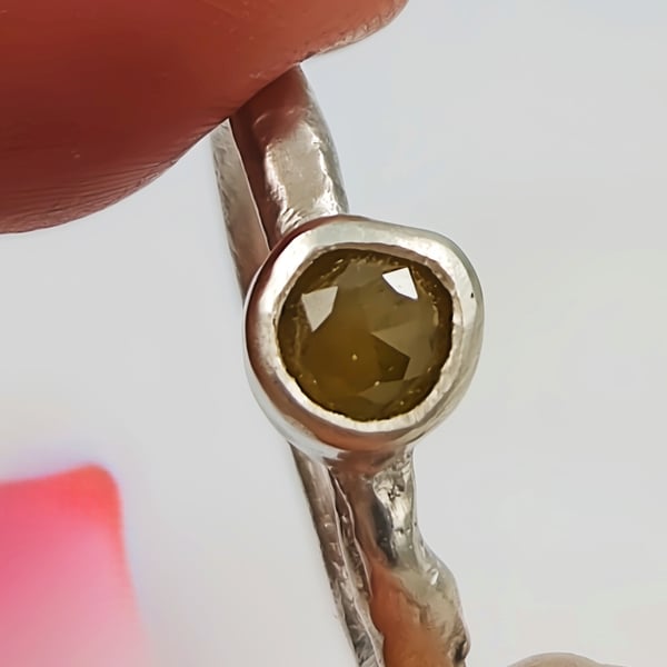 Hand Forged Molten Sterling Silver Ring, 5mm Rose Cut Brown Diamond - Size I