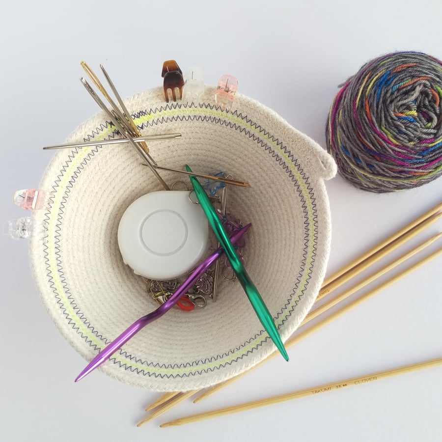 Freshwater Bowl, a coiled rope bowl with navy and neon yellow stitched detail