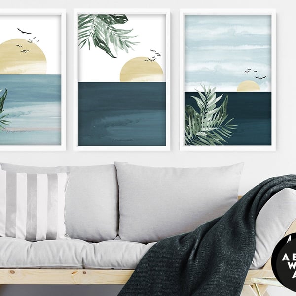 Calming Watercolor Painting Print Set of 3 Beach Decor Wall Prints Coastal Wall 