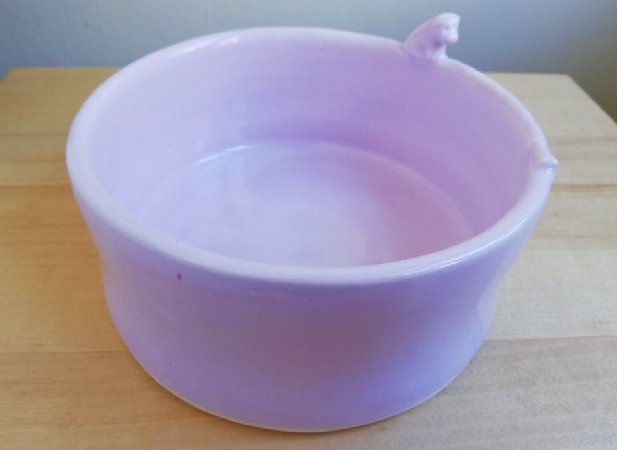 Pink ceramic dog bowl with little dog, bone & pawprints Handmade and thrown 