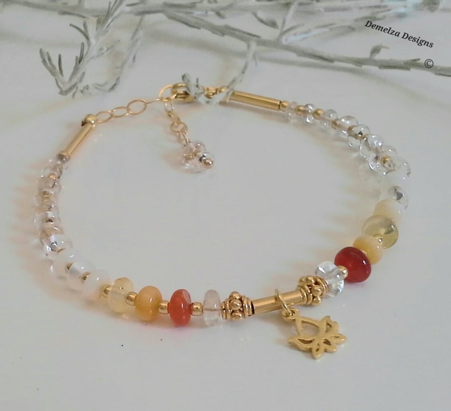 Mexican Fire Opal & Rare Imperial Topaz & Lotus Flower Gold Vermeil Bracelet
