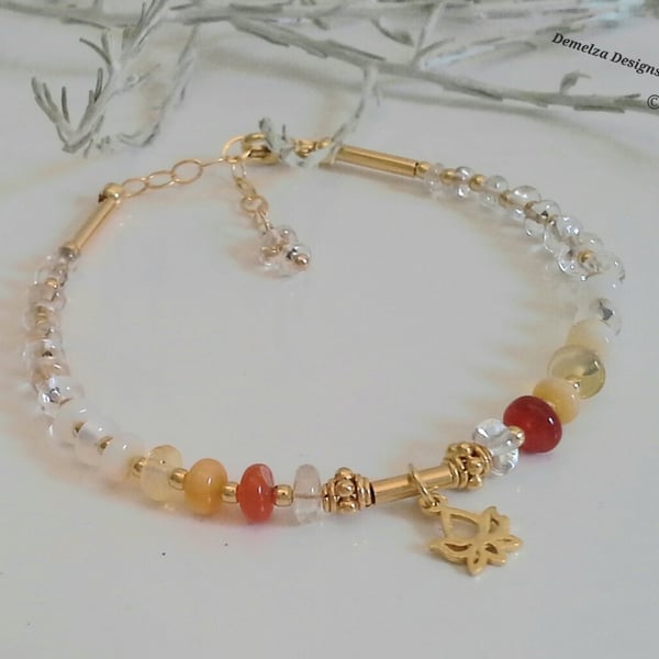 Mexican Fire Opal & Rare Imperial Topaz & Lotus Flower Gold Vermeil Bracelet