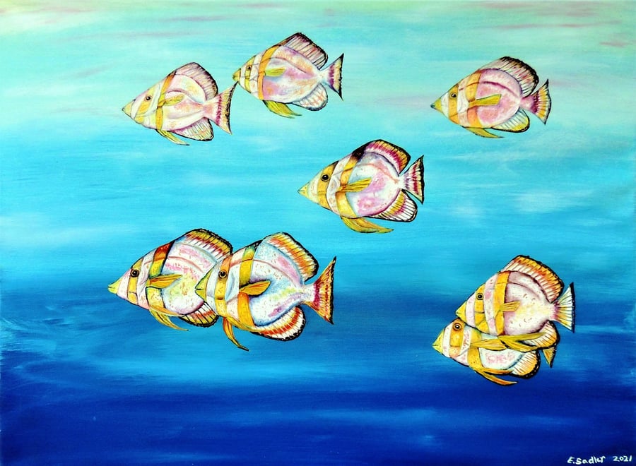 School of Bat Fish Original Oil Painting 