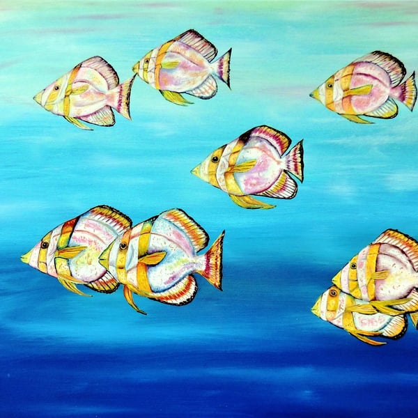 School of Bat Fish Original Oil Painting 