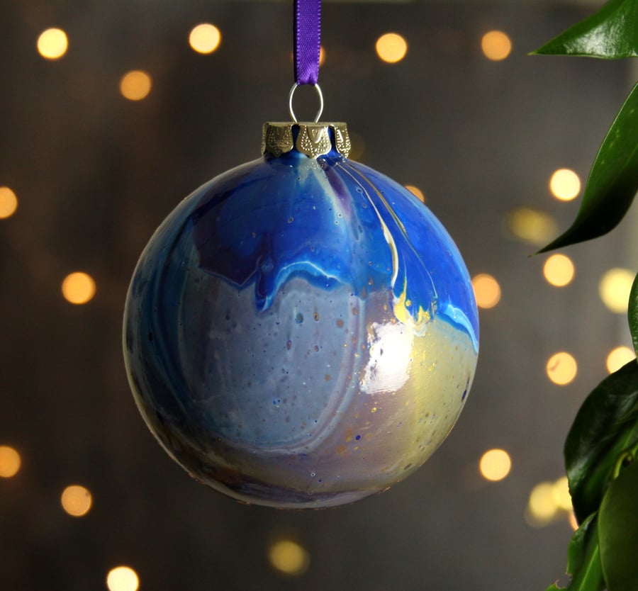 Ceramic acrylic pour Christmas bauble blue gold purple