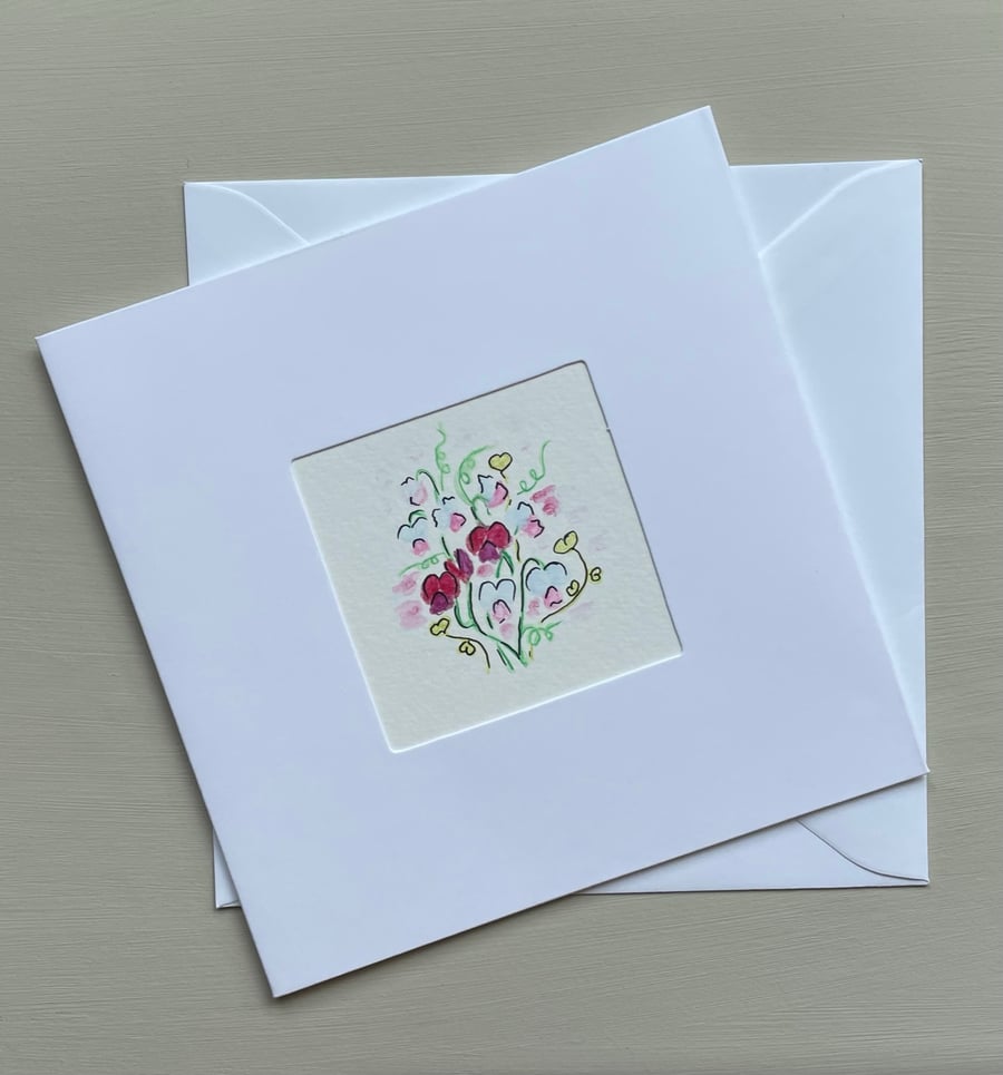 Hand Painted watercolour Flower Greeting Keepsake Card Sweet Pea Original Art. 