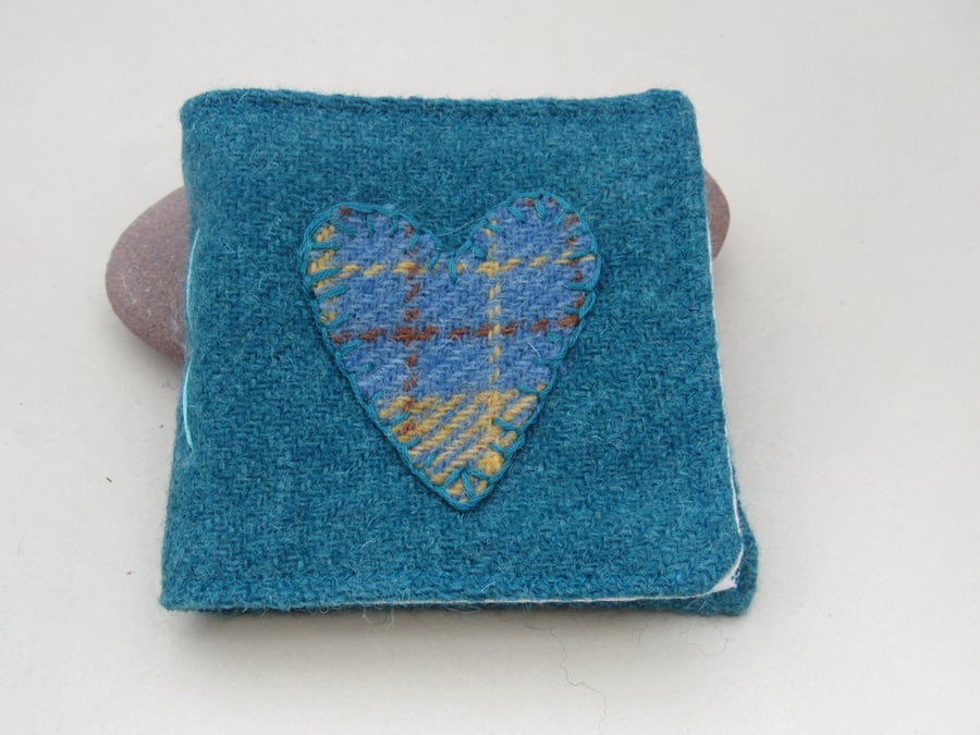 Handmade Sea Blue and Yellow Heart Tweed Needlebook
