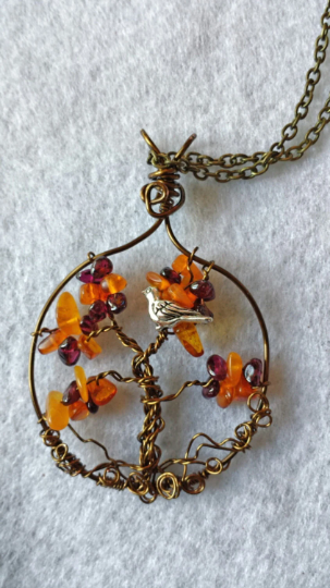 Handcrafted Wire Wrapped Honey Amber and Garnet Gemstone Tree of Life Pendant