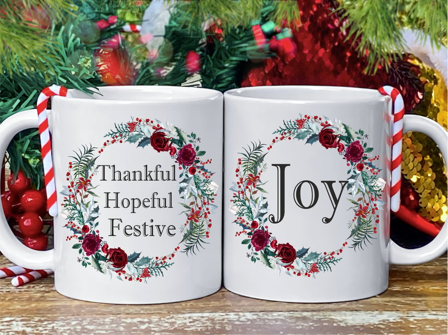 Christmas mug, Thankful Hopeful Festive Joyful, winter flower wreath design