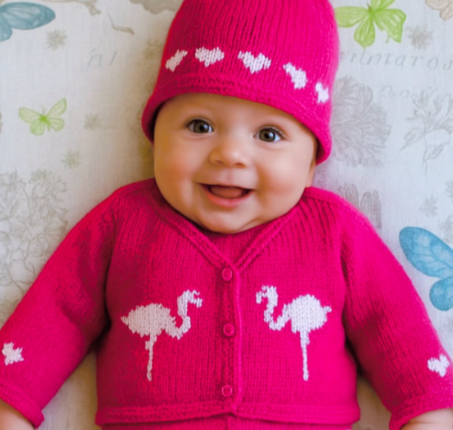 Baby Knitting Pattern for Jacket and matching Hat with Flamingos.  Digital