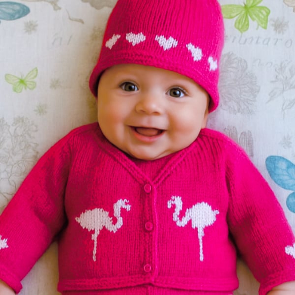 Baby Knitting Pattern for Jacket and matching Hat with Flamingos.  Digital