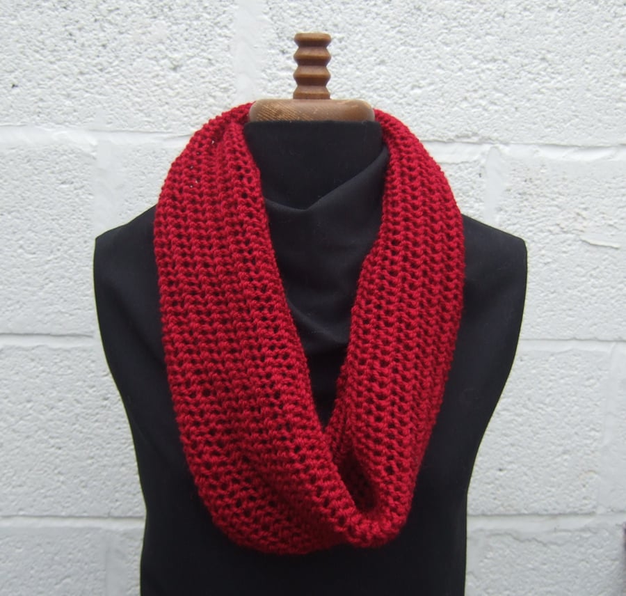  Red Hand Knitted Cowl - Infinity Scarf 