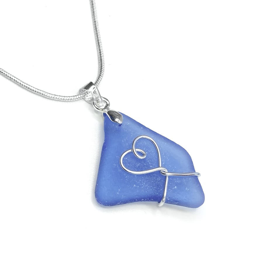 Sea Glass Pendant - Blue Heart Necklace - Silver Beach Glass Handmade Jewellery