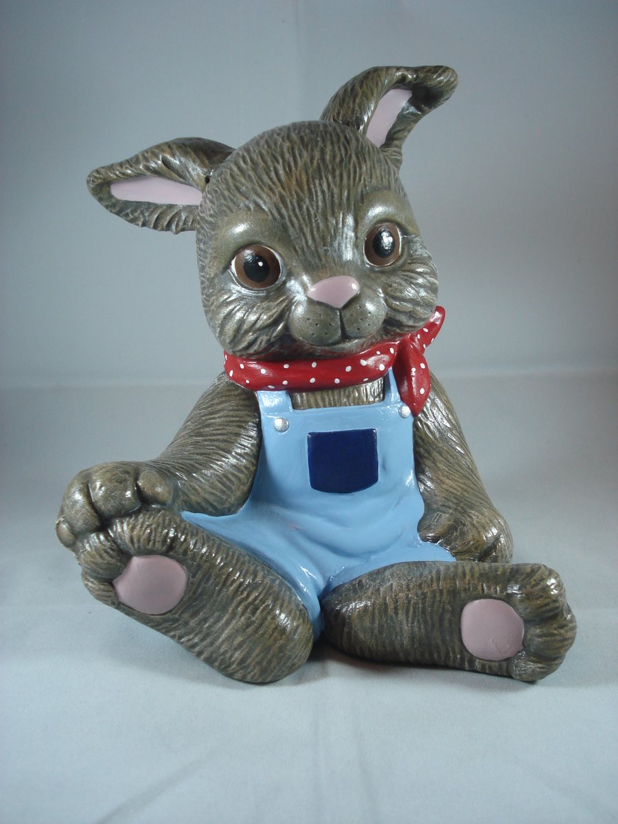 Ceramic Hand Painted Cute Brown Bunny Rabbit Boy Animal Figurine Ornament.