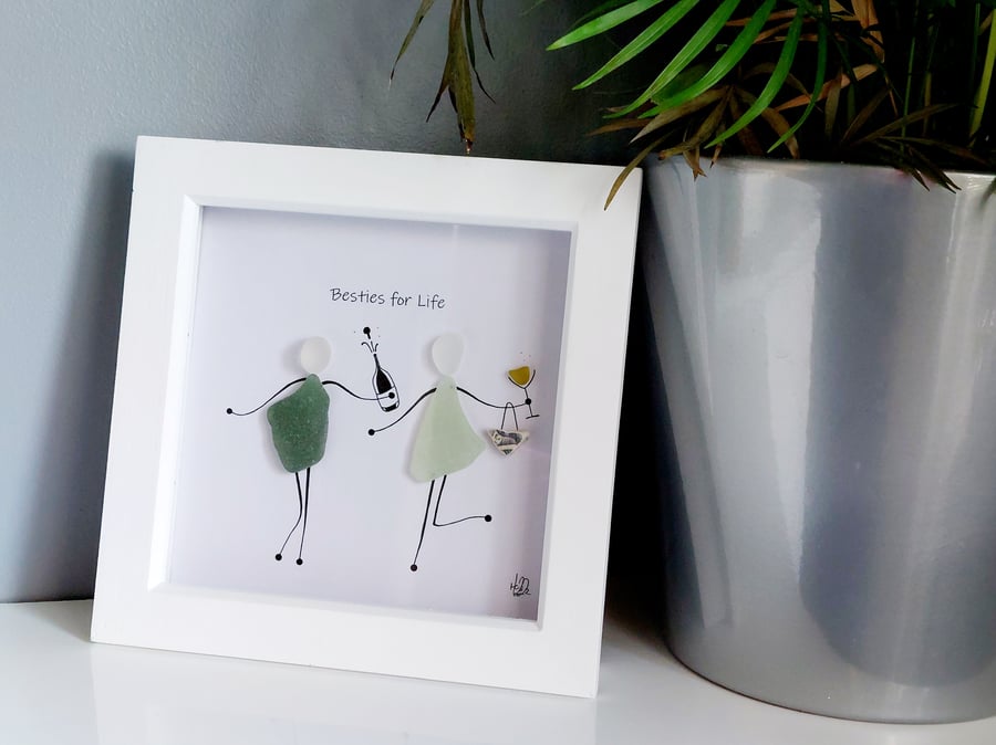 Besties for Life, white framed sea glass artwork - Friendship Gift