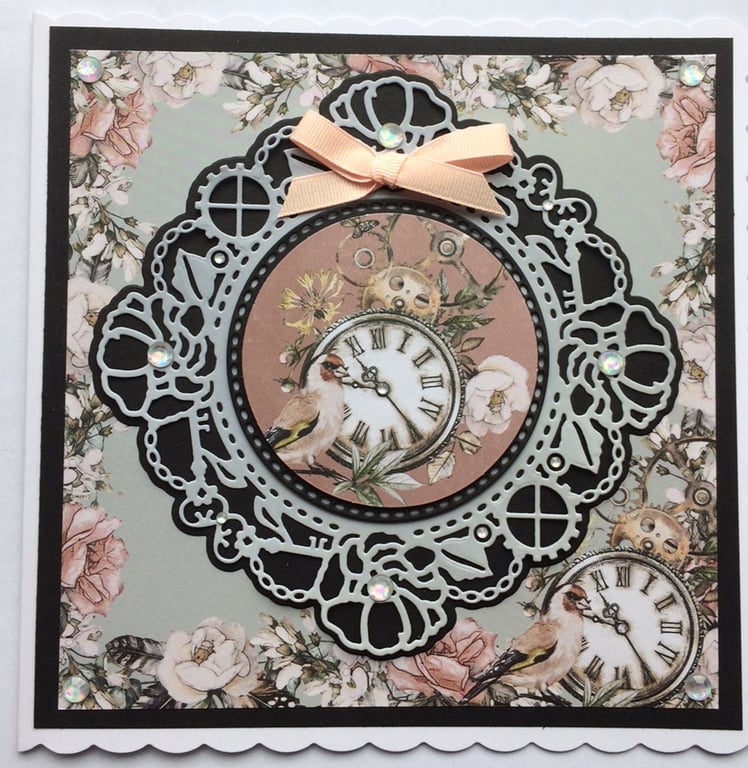 Steampunk Card Bird Clocks Flowers Blank Any Occasion 3D Luxury Handmade Card