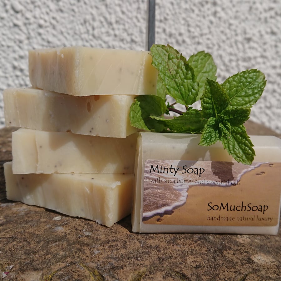 Minty soap, a wake up bar, handmade, natural, vegan, plastic free.