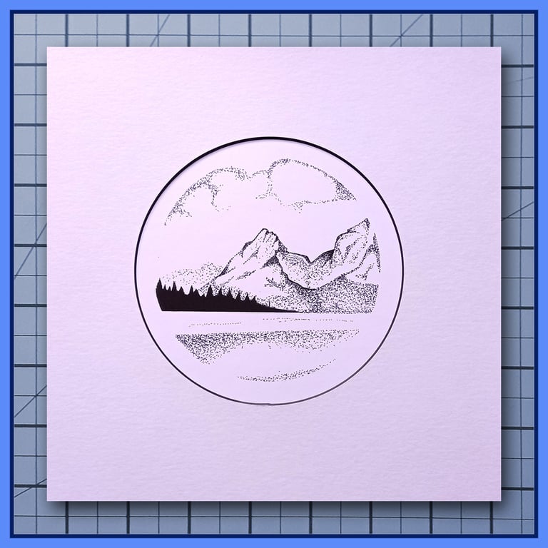 Jennie Lake – Mountain & Lake Drawing – Mounted print – 23x23cm Frame Ready