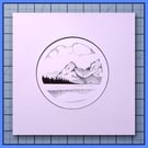 Jennie Lake – Mountain & Lake Drawing – Mounted print – 23x23cm Frame Ready
