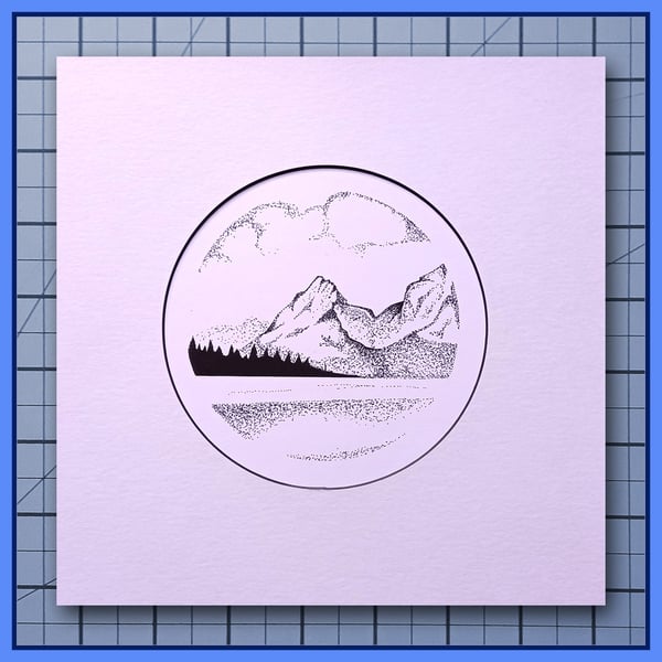 Jennie Lake – Mountain & Lake Drawing – Mounted print – 23x23cm Frame Ready