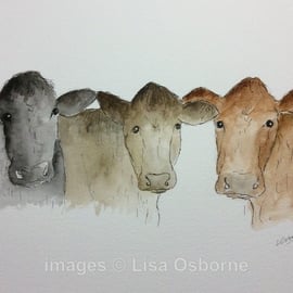 Waiting for dinner - print from watercolour of cows. Farm animals.